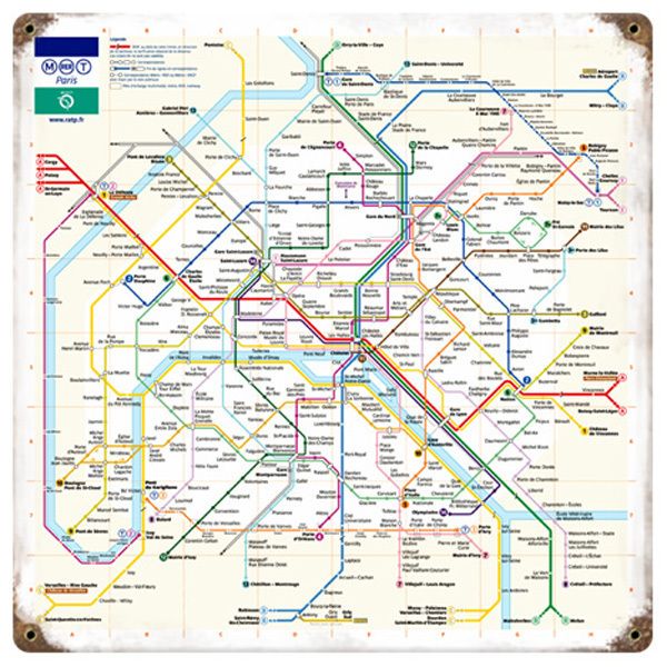 Paris Metro Map Subway Sign Tin Metal Decor Vintage Antique PR
