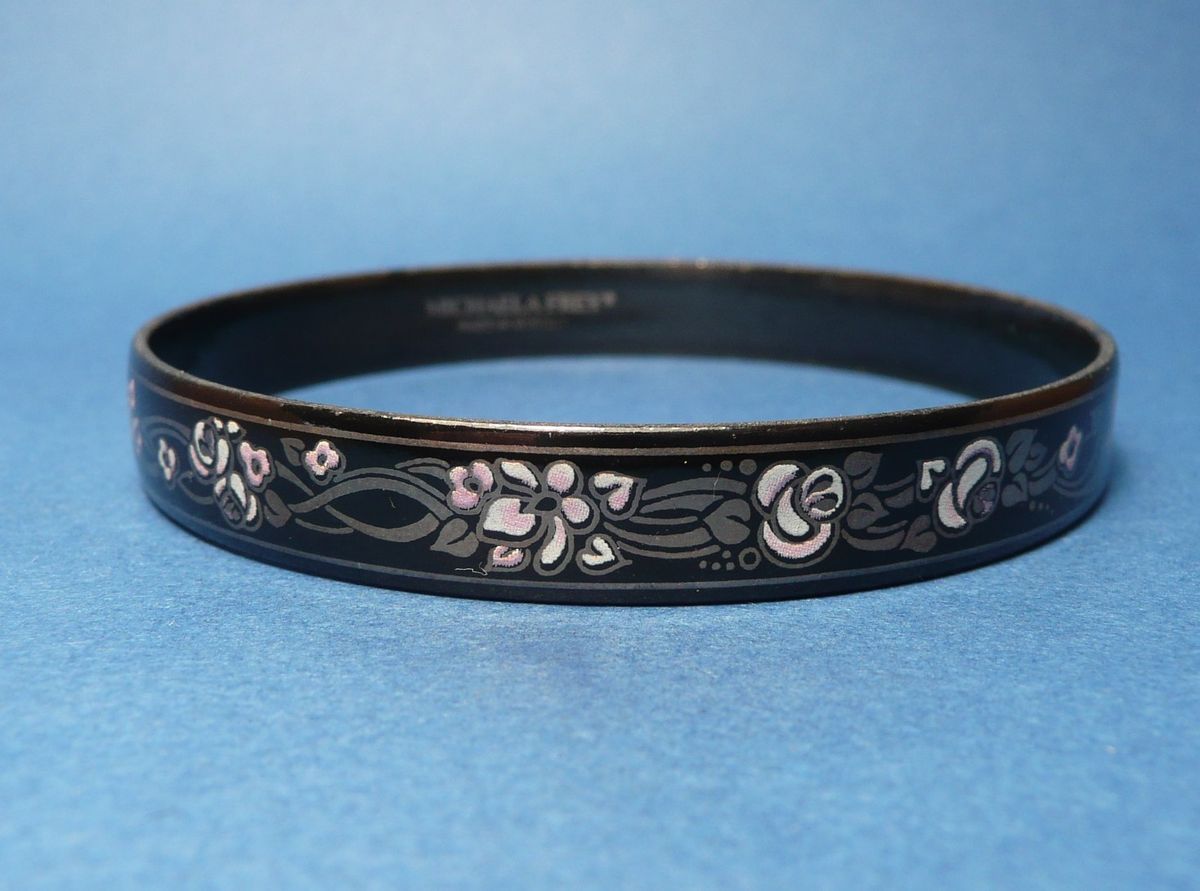 Michaela Frey Enamel Bangle Bracelet Floral Black Silver