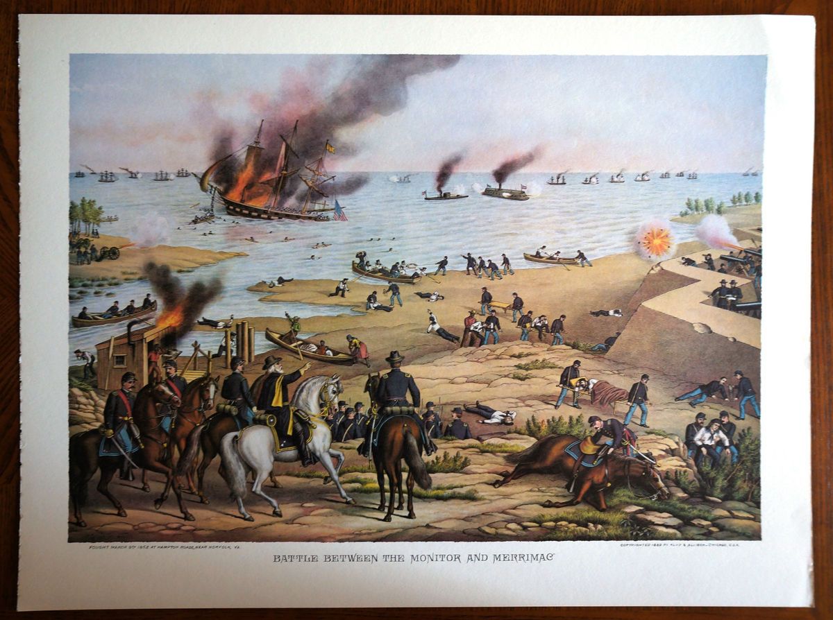 Kurz Allison 18x24 Lithograph Battle of The Monitor Merrimac