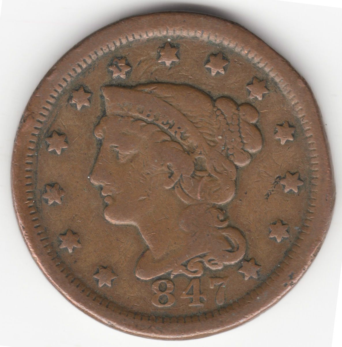 1847 U s Braided Hair Large One Cent Penny Coin Nice Detail