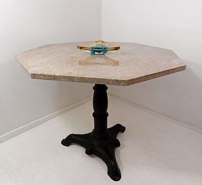 Antique octagon Travertine marble stone table with Cast Iron Deco