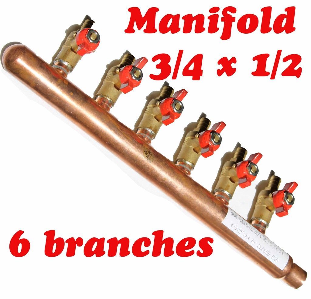 port 6 branches PEX Plumbing Manifold ¾ Male Sweat 1/2 Ball Valve