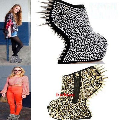 Milan Womens Spike Studded Platform Leather No Heels Wedge Boots Pumps