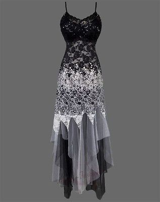 Fabulous V Neck Lace Bead Yarn Strap Evening Gowns L black