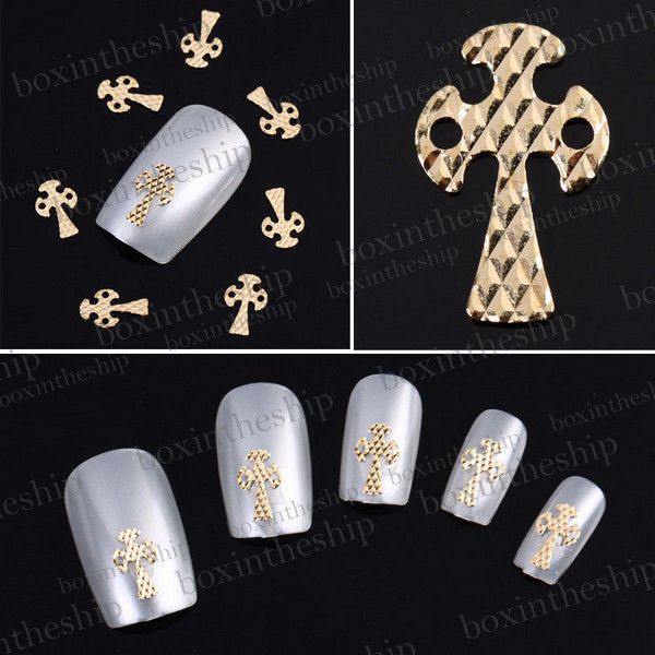 50pcs Gold Alloy 3D Nail Art Cross Stickers Slices Tips DIY