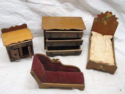 LOT TRAMP ART CIGAR BOX DOLL HOUSE FURNITURE BED DRESSER DRY SINK