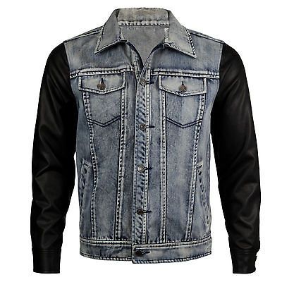 VIPARO Mens Acid Wash Denim Jacket with Black Leather Sleeves   Ryan