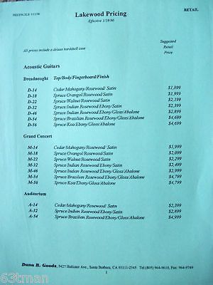 q18LAKEWOOD GUITARS RETAIL PRICE LIST JANUARY 18, 1996