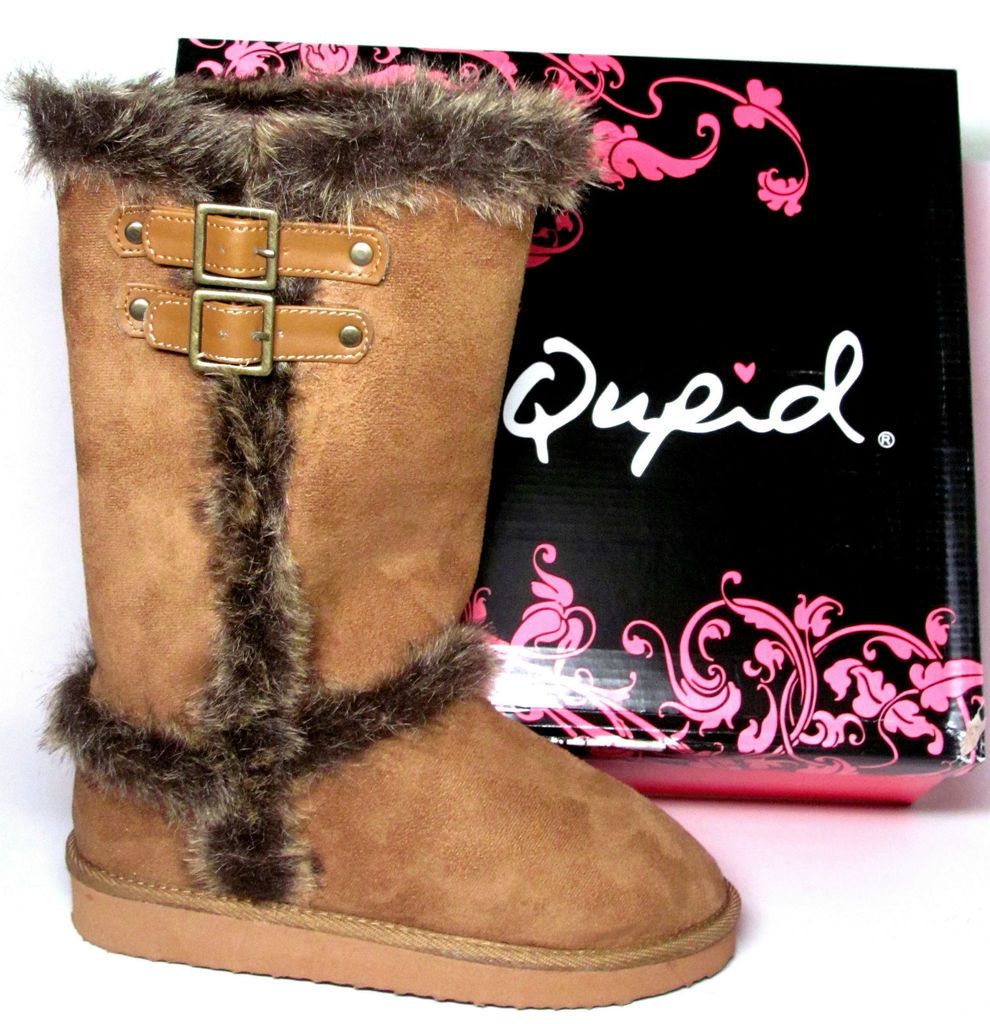 Ladies Qupid Oakley 11 Fur Trim 2 Buckle Suede PU Mid Calf Boots