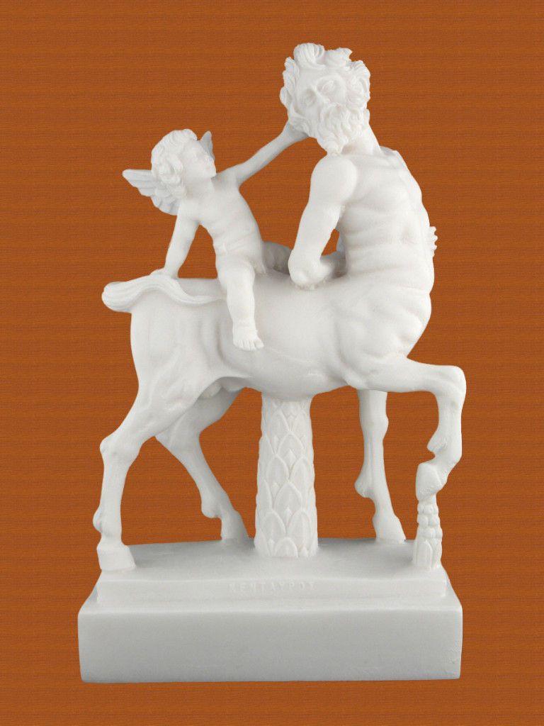 Centaur Chiron teased by Eros Cupid Alabaster Greek Marble Statue