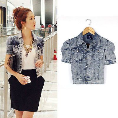 Womens short puff sleeve fitted retro blue lapel denim short jacket