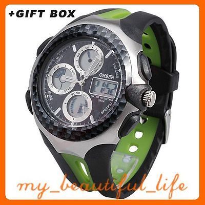 Proof Mens green alarm analog digital Dual Core Movement Wrist Watch