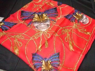 Alexander Mcqueen Feather Tassels Skulls Hickory Red Silk Scarf Wrap