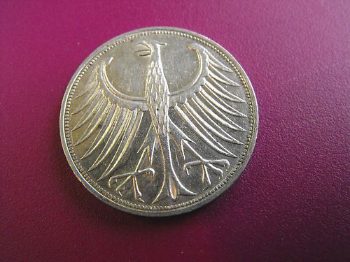 1966 GERMAN 5 DEUTSCHE MARK .625 SILVER AU