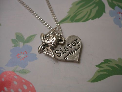 Sister Guardian Angel Heart Love Charm Silver Necklace