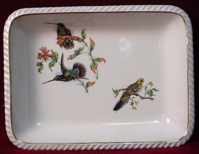 PILLIVUYT china HUMMINGBIRDS & PARROT pattern RECTANGULAR BAKER