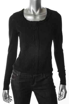 Tahari NEW Cecilia Black Ribbed Eyelet Snap Front Crewneck Cardigan