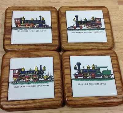 Locomotive Antique Train Coasters Double Ender Tile Wood Vintage 1970s