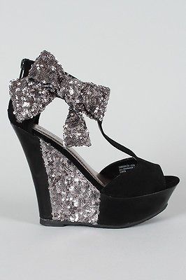 Black Suede Pewter Sequins Bow T Strap Platform Wedge Heels #Smooch