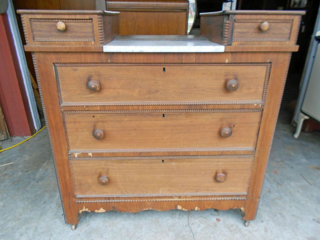 Antique Victorian Era Eastlake Style Grain Painted Marble Top Dresser