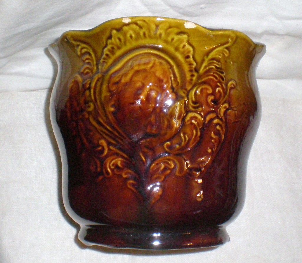 WELLER POTTERY MAJOLICA GIRL CAMEO OLIVE GREEN DRIP GLAZE JARDINIERE