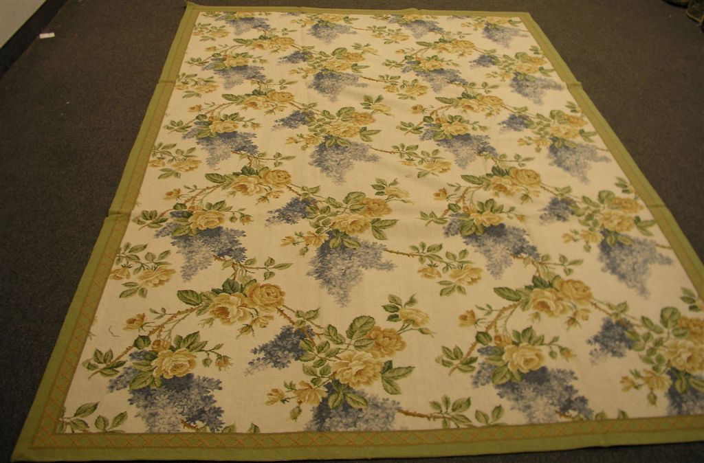GOLD BLUE STUNNING CHIC DESIGNER FRENCH FLORAL NEEDLEPOINT AREA RUG 6