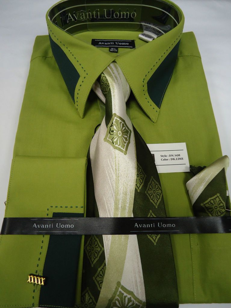 Mens Avanti Uomo Dark Lime Green 2 Tone French Cuff Dress Shirt Set