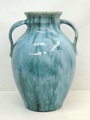 Large Curved Double Handle Turquoise Blue Glazed Vase, 12