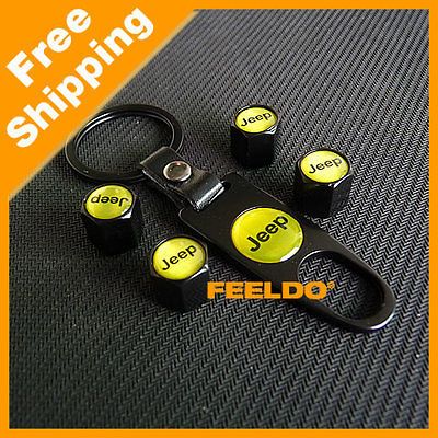 Black Car Tire Valve Stame Caps Cover 4pcs+Keychain for JEEP #3202