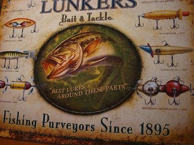 LUNKERS BAIT & TACKLE Fishing Lure Fisherman Log Cabin Lake Lodge