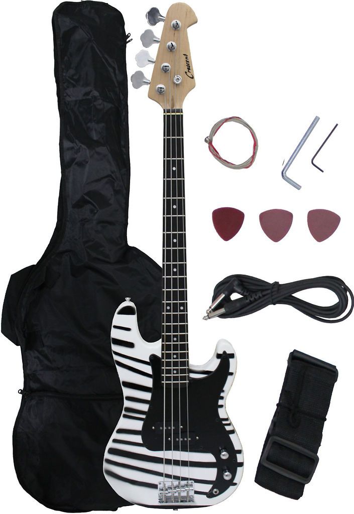 NEW Crescent ZEBRA Electric Bass Guitar + Strap Amp Cord Gigbag