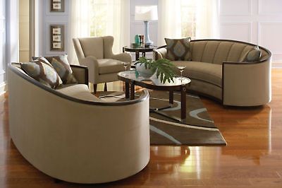 EVA   MODERN WOOD TRIM & TAN FABRIC SOFA COUCH & CHAIR SET LIVING ROOM