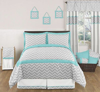 TURQUOISE GRAY ZIG ZAG BOY GIRL KID TEEN FULL QUEEN SIZED GREY BEDDING