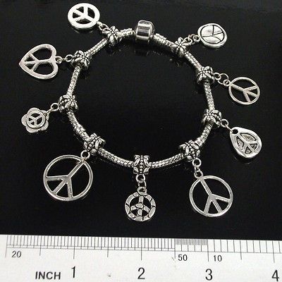 Silver Tone Peace sign Charm dangle pendant bead DIY European Bracelet