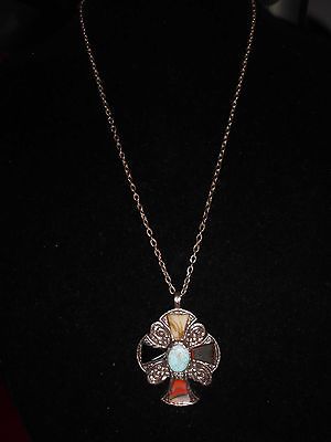 VTG Gold Tone BRITAIN Signed Multi Stone Celtic Cross Crucifx Necklace