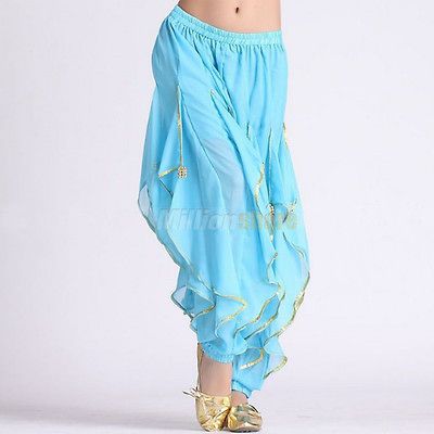 Belly Dance Costume Chiffon Pants Bloomers Gold Wave Sequins Lake Blue