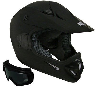 FLAT MATTE BLACK DIRT BIKE ATV MOTOCROSS MX HELMET OFF ROAD W/GOGGLES