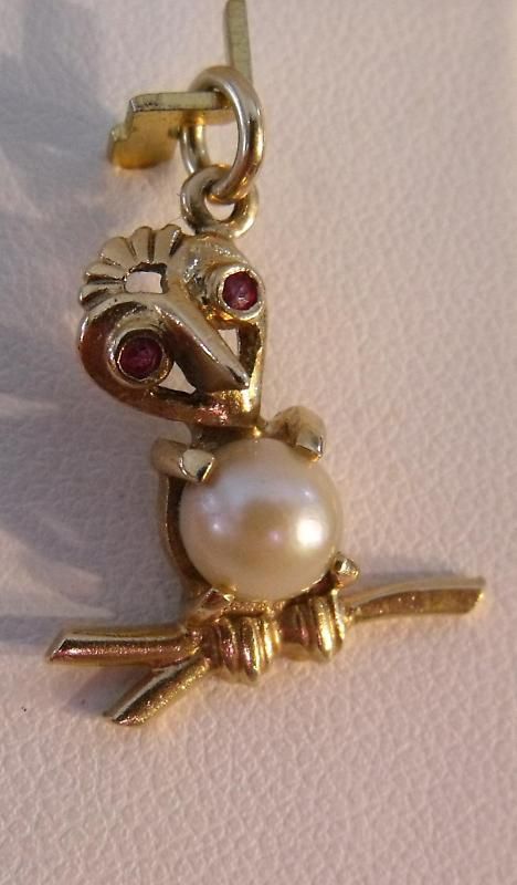 SOLID 14K GOLD PEARL RUBY WOODPECKER DODO BIRD CHARM