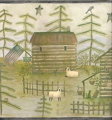 log cabin American flag sheep cat star broom wallpaper border blue