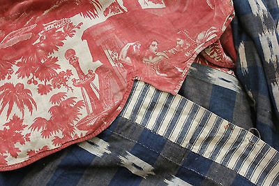 Toile Rouen + Ikat valance bed SET ~ pelmet + curtain indigo blue