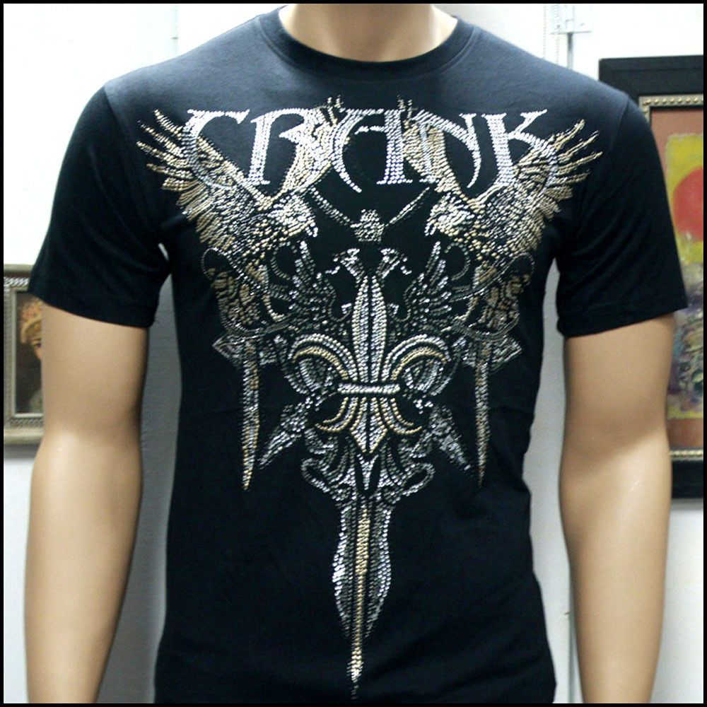 MUSCLE FIT FASHION T SHIRT RHINESTONE EAGLE DESIGN GOTHIC BLACK ROCK