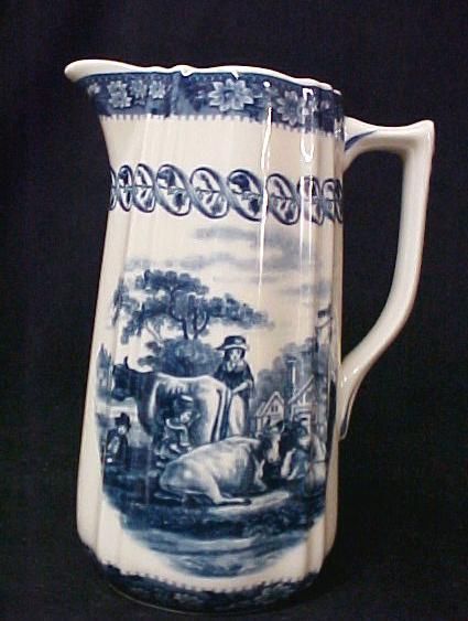 Blue Transferware Farm Cow Willow Tall Milk Pitcher