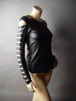 Black Faux Leather Cyber Punk Goth Slit Torn Long Sleeve Top 09 mv