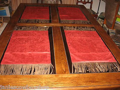 Western Kitchen Dinning Decor Placemat Red Tooled design Brown Fringe