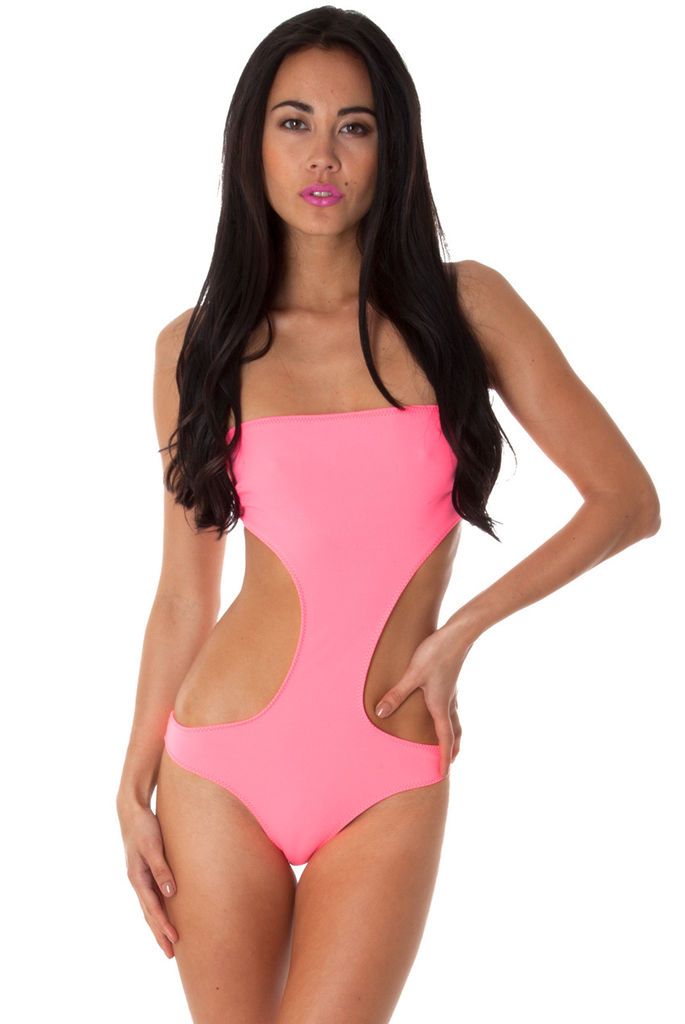 MIAMI NEON PINK CUTOUT STRAPLESS MONOKINI/SWIMS UIT SIZES 8 14