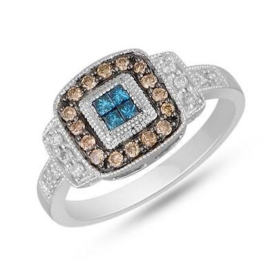 Blue Diamond, Champagne Diamond, and Diamond 10k White Gold Ring 1