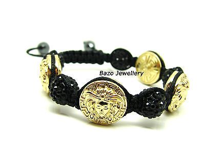 VERSACE BRACELET GOLD MEDUSA HEADS STAINLESS STEEL GREEK KEY BLACK