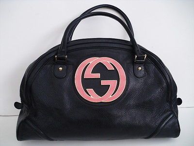 Auth GUCCI BRITT ALL Leather BLACK Bowling Style LARGE Hobo Handbag