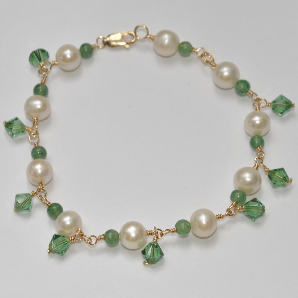 14K Gold filled Pearl Bracelet with Jade and Swarovski Crystals NYC