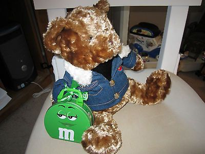 12 HONEY BROWN BEAR IN  M & M DENIM JACKET WITH GREEN TIN